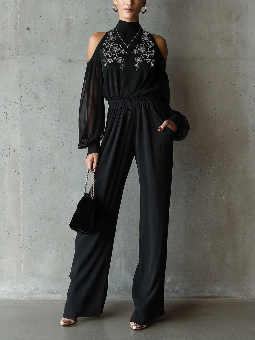 ZARA Elegant Black Embroidered Women Long Sleeve Cold Shoulder Wide Leg Jumpsuit